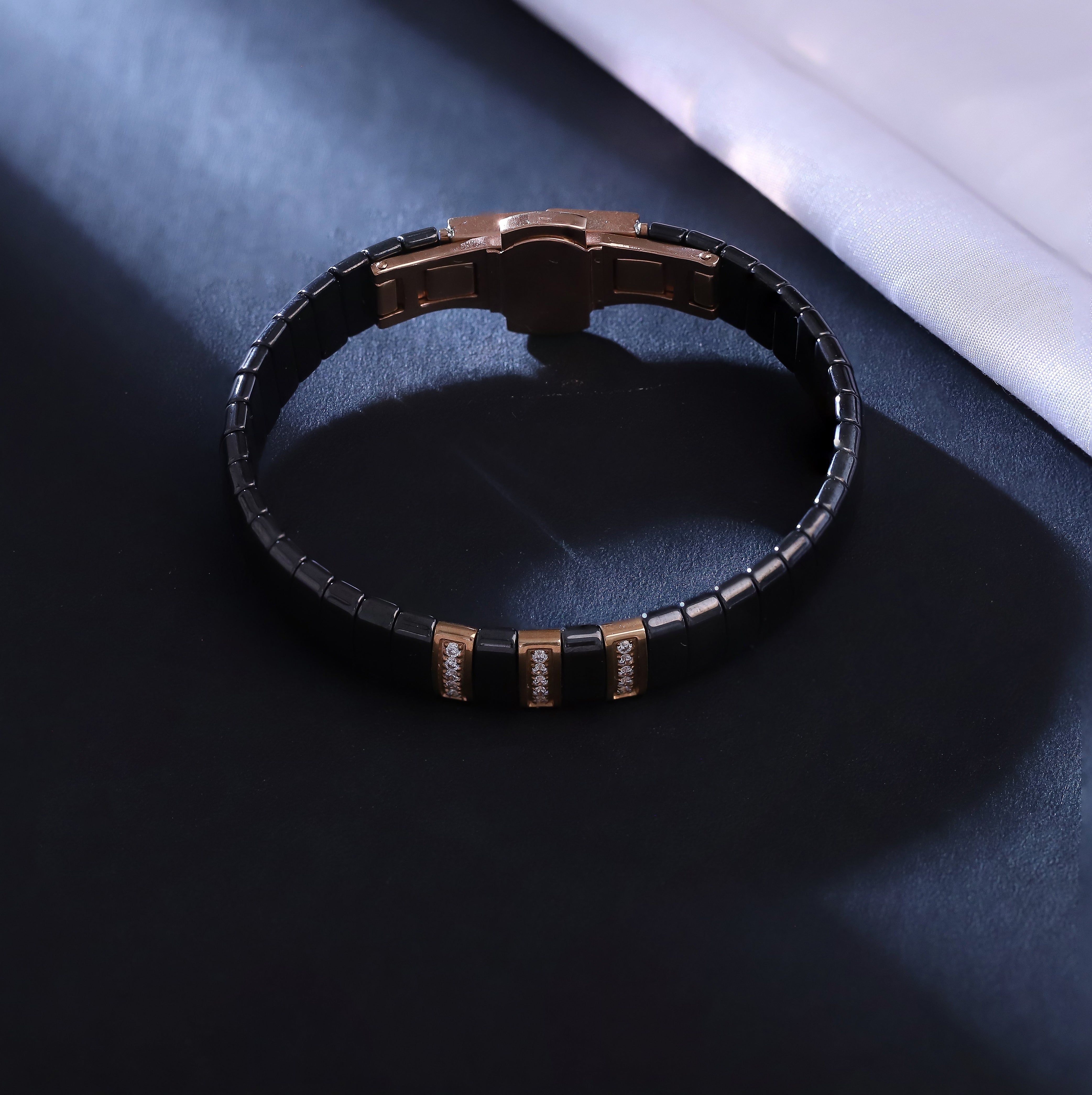 Men's Black Ceramic Magnetic Therapy Bracelet – Rose Gold Accents with Crystal Inlay – Stylish Pain Relief & Wellness Bracelet for Arthritis, Carpal Tunnel, and Circulation