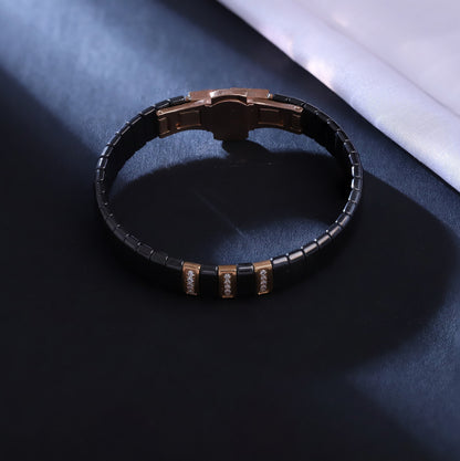 Men's Black Ceramic Magnetic Therapy Bracelet – Rose Gold Accents with Crystal Inlay – Stylish Pain Relief & Wellness Bracelet for Arthritis, Carpal Tunnel, and Circulation