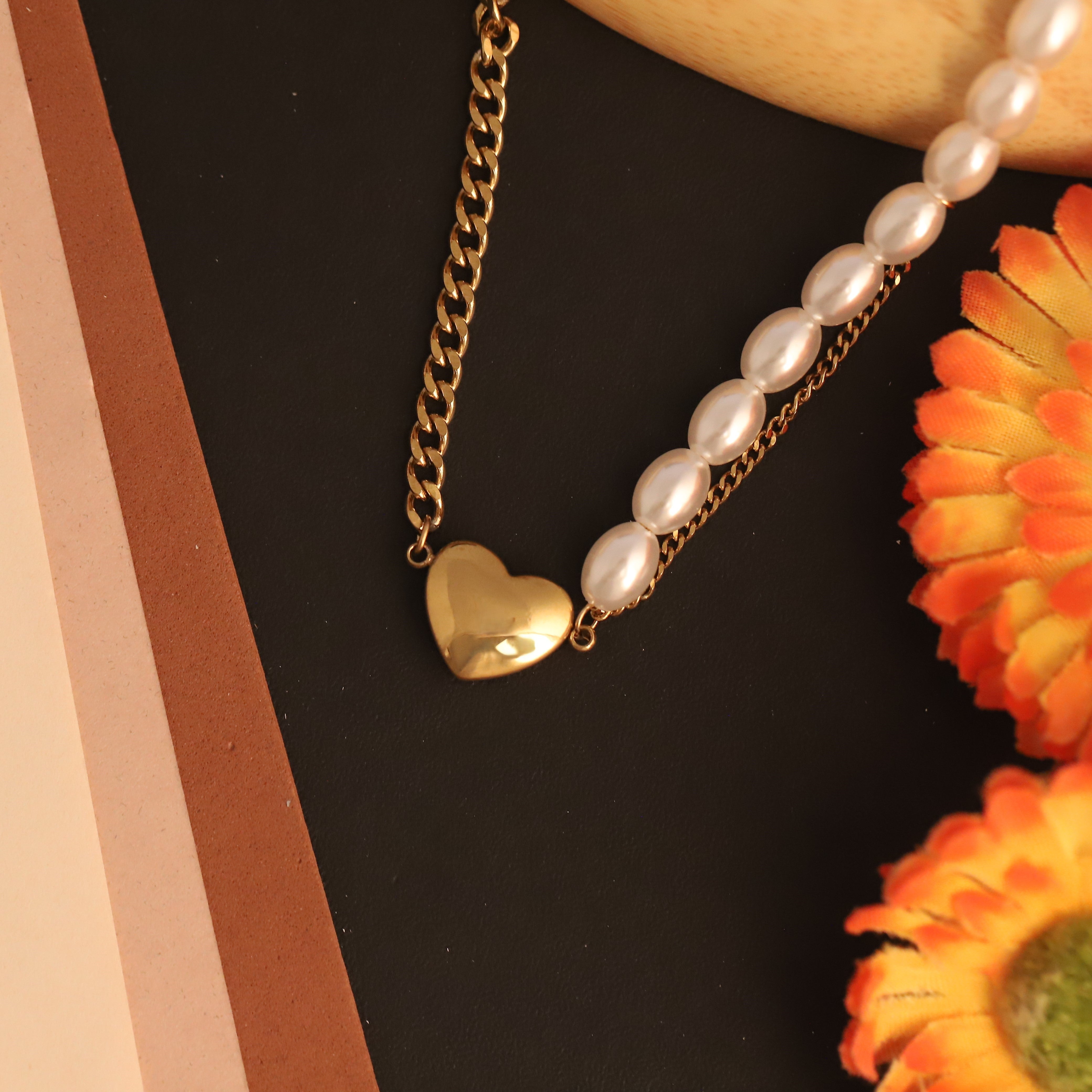 Heart Charm Pearl Chain Gold Plated – Single Layer, Anti-Tarnish, Waterproof, Minimalist Style (GOLD)