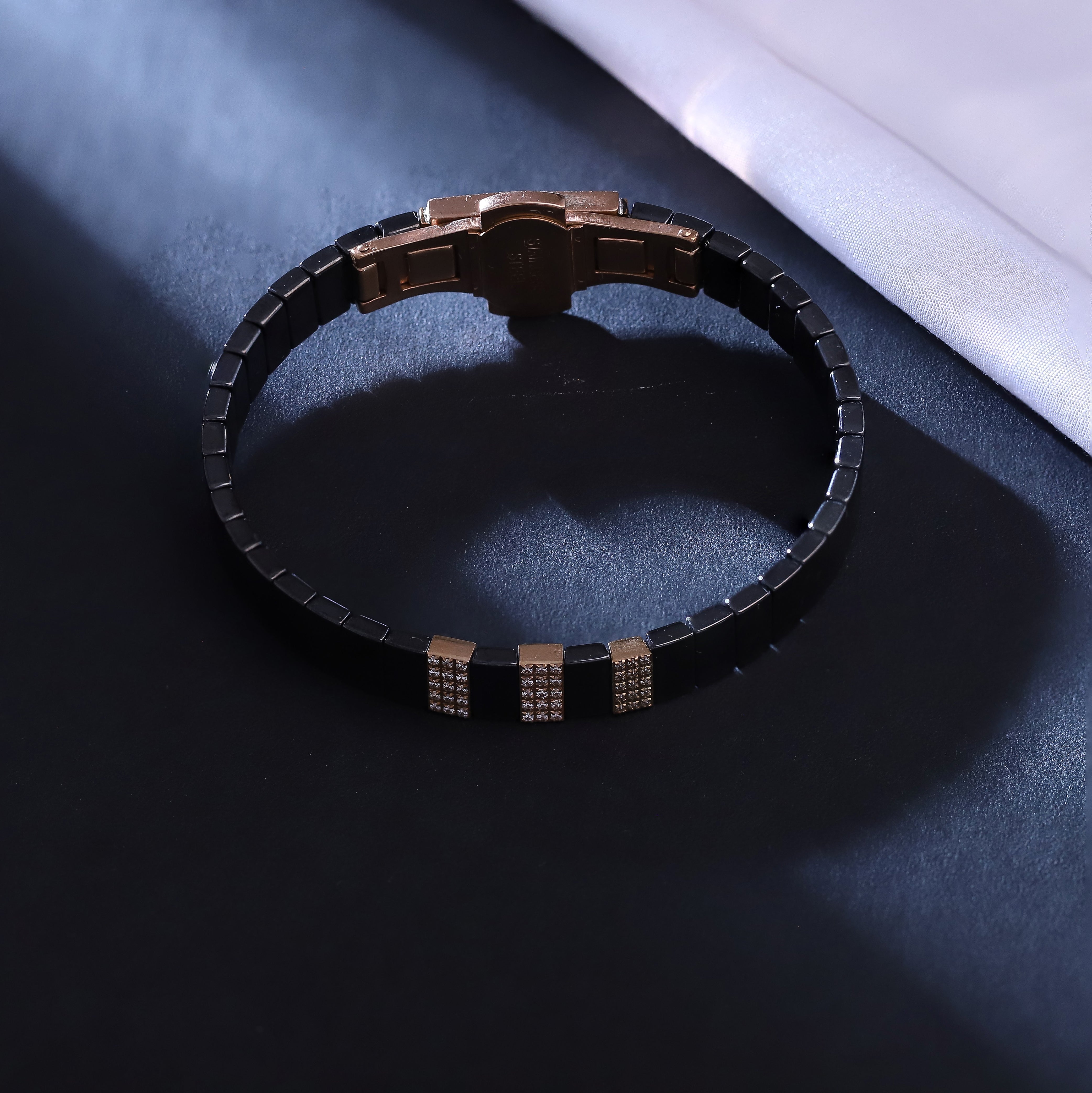 Men’s Black Ceramic Link Bracelet with Rose Gold Accents & Cubic Zirconia Inlays – Luxury Stainless Steel Magnetic Closure Wristband