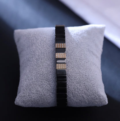 Men’s Black Ceramic Link Bracelet with Rose Gold Accents & Cubic Zirconia Inlays – Luxury Stainless Steel Magnetic Closure Wristband