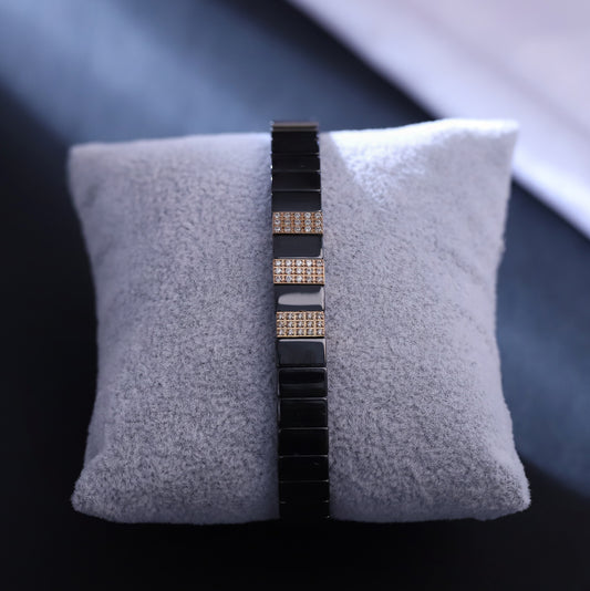 Men’s Black Ceramic Link Bracelet with Rose Gold Accents & Cubic Zirconia Inlays – Luxury Stainless Steel Magnetic Closure Wristband