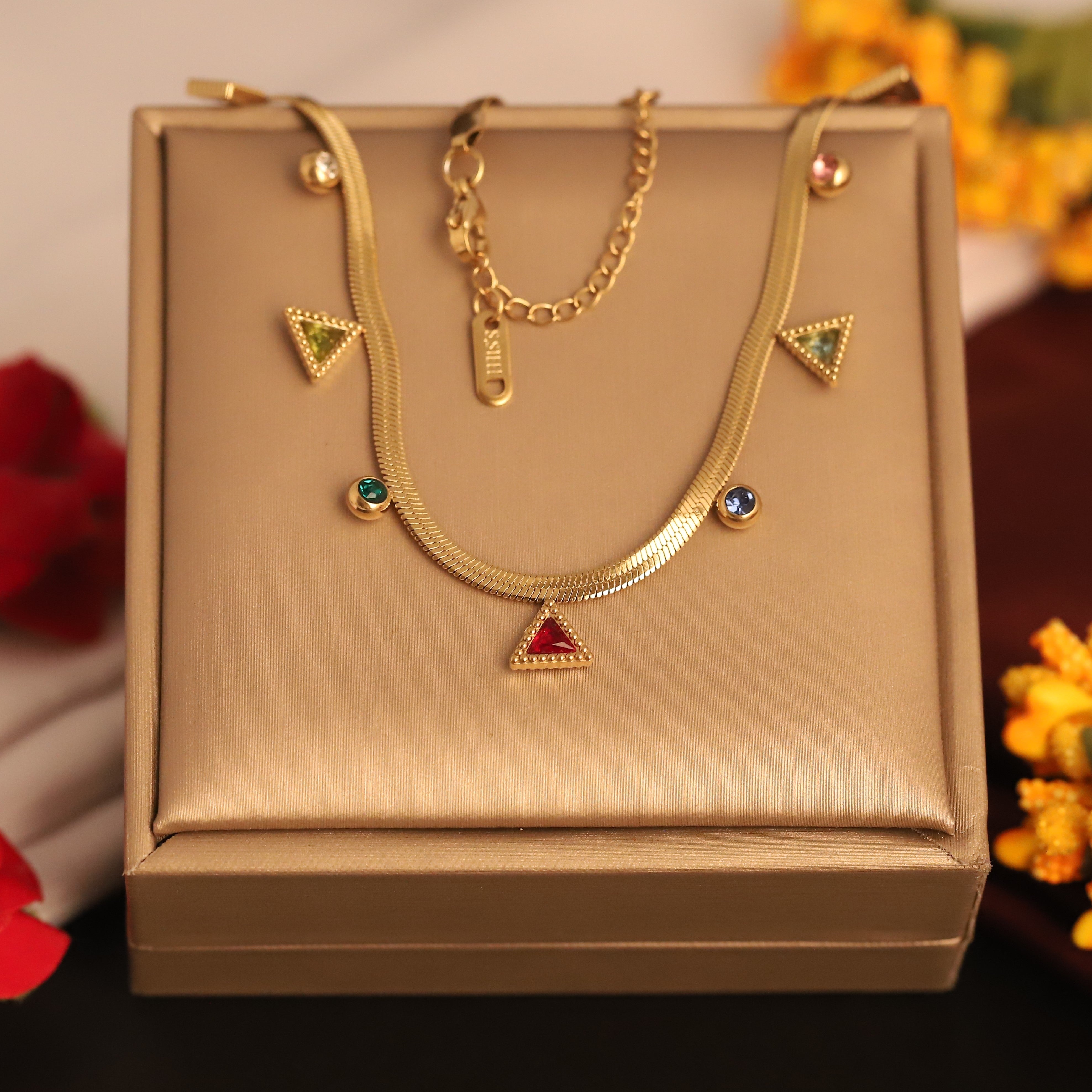 Triangle Charms Multi color Snake Chain Gold Plated – Single Layer, Anti-Tarnish, Waterproof, Minimalist Style (GOLD)