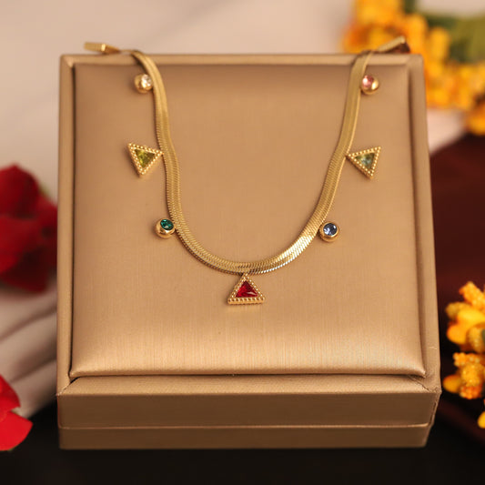 Triangle Charms Multi color Snake Chain Gold Plated – Single Layer, Anti-Tarnish, Waterproof, Minimalist Style (GOLD)