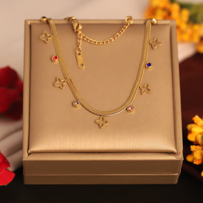 Flower Charms White Stones Chain Gold Plated – Single Layer, Anti-Tarnish, Waterproof, Minimalist Style (GOLD)