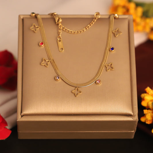 Flower Charms White Stones Chain Gold Plated – Single Layer, Anti-Tarnish, Waterproof, Minimalist Style (GOLD)