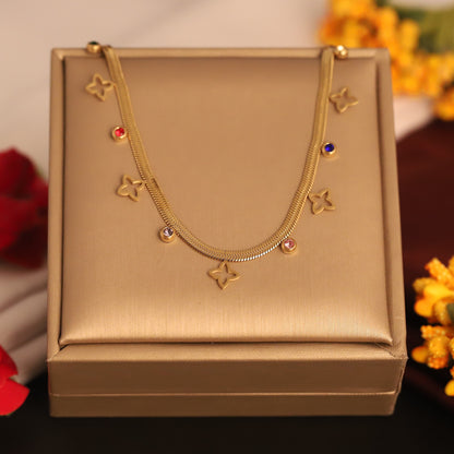Flower Charms White Stones Chain Gold Plated – Single Layer, Anti-Tarnish, Waterproof, Minimalist Style (GOLD)