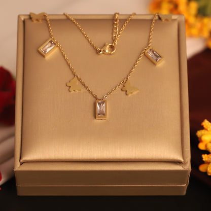Butterfly Charms White Stones Chain Gold Plated – Single Layer, Anti-Tarnish, Waterproof, Minimalist Style (GOLD)