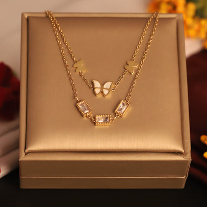 Butterfly White Stone Chain Gold Plated – Double Layer, Anti-Tarnish, Waterproof, Minimalist Style (GOLD)