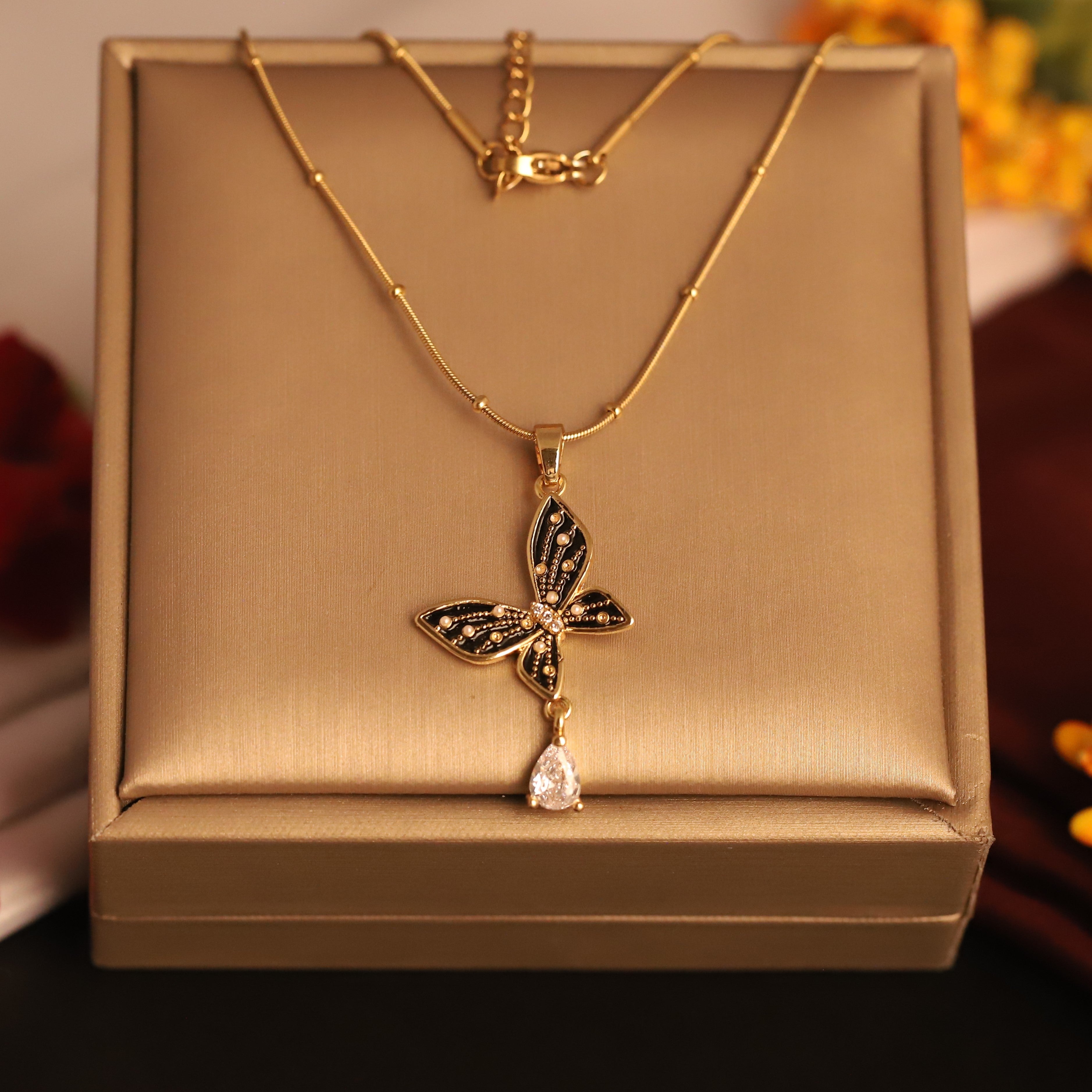 Butterfly Charm Black Chain Gold Plated – Single Layer, Anti-Tarnish, Waterproof, Minimalist Style (GOLD)