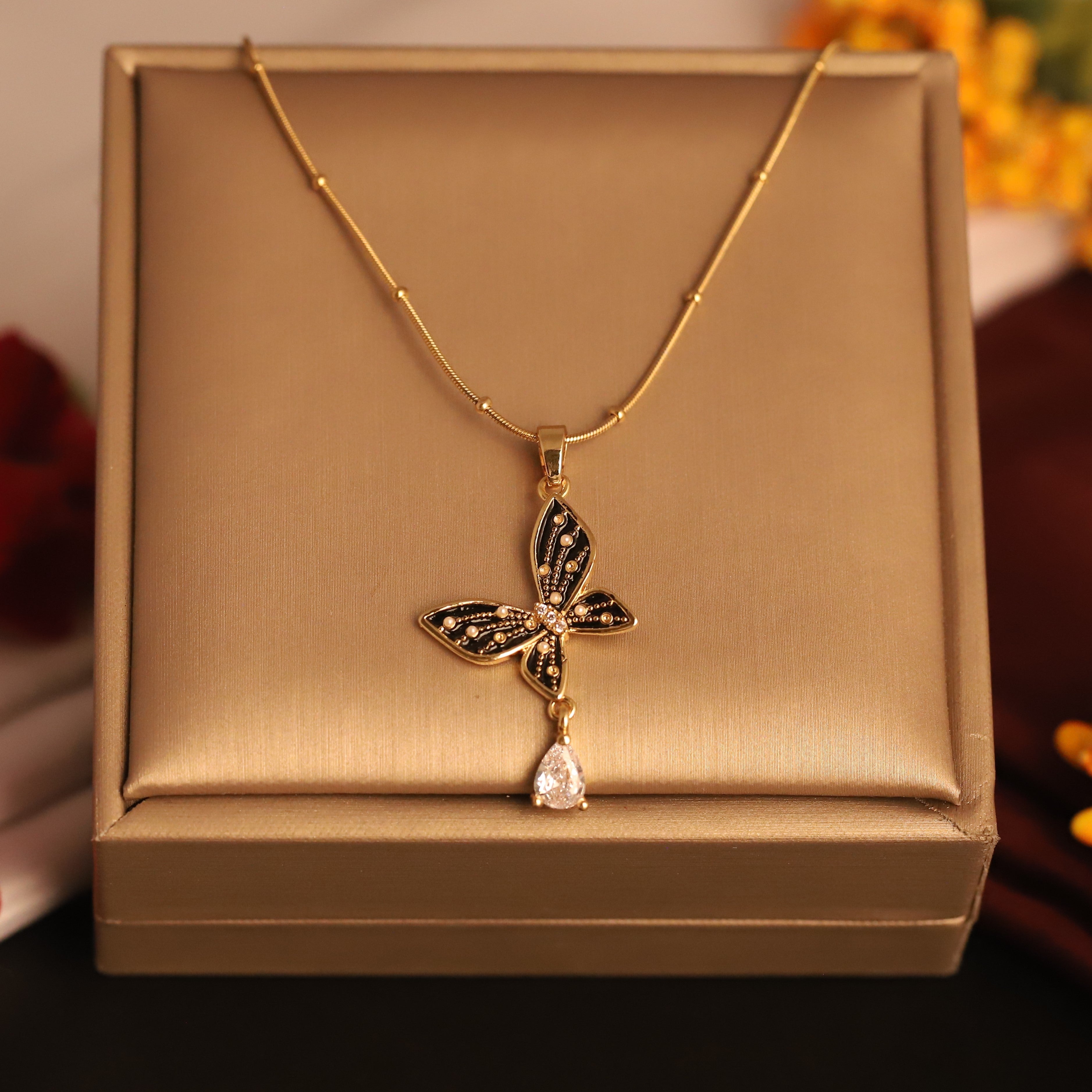 Butterfly Charm Black Chain Gold Plated – Single Layer, Anti-Tarnish, Waterproof, Minimalist Style (GOLD)