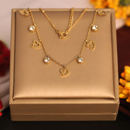 Heart Charms White Stones Chain Gold Plated – Single Layer, Anti-Tarnish, Waterproof, Minimalist Style (GOLD)