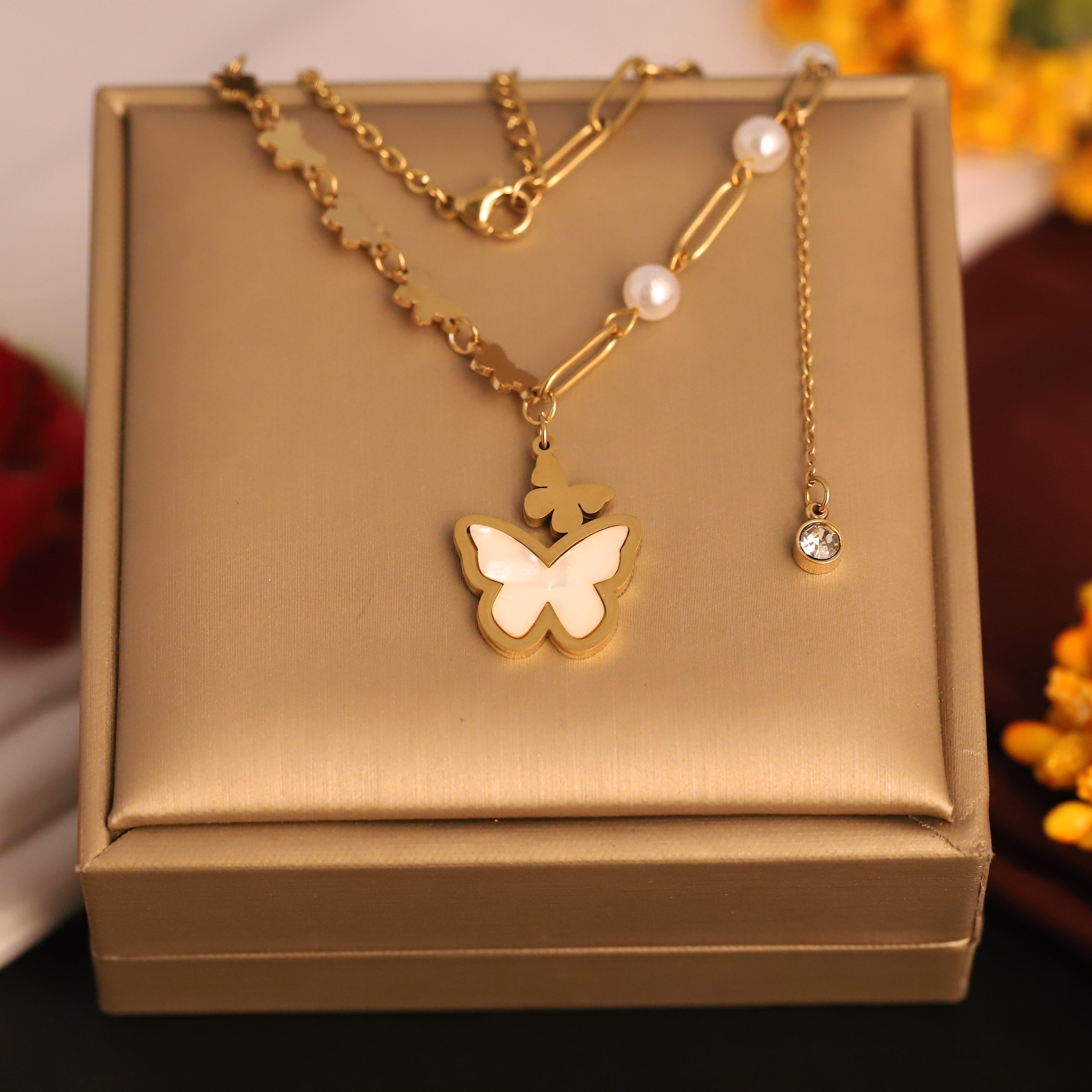 Butterfly Pearl Charms Chain Gold Plated – Single Layer, Anti-Tarnish, Waterproof, Minimalist Style (GOLD)