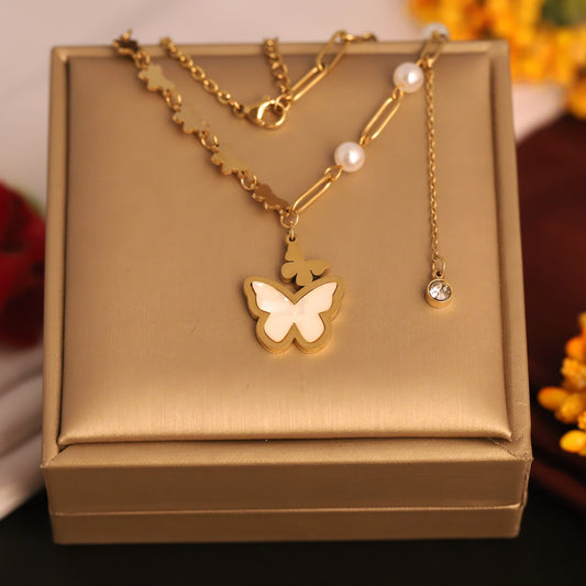 Butterfly Pearl Charms Chain Gold Plated – Single Layer, Anti-Tarnish, Waterproof, Minimalist Style (GOLD)