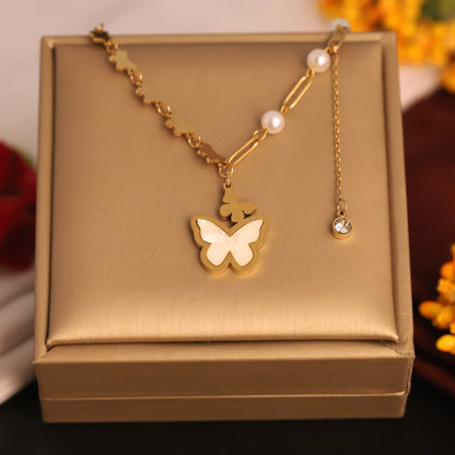Butterfly Pearl Charms Chain Gold Plated – Single Layer, Anti-Tarnish, Waterproof, Minimalist Style (GOLD)