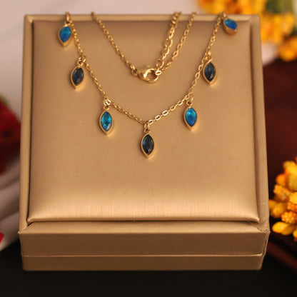 Drops Blue Stone Charms Chain Gold Plated – Single Layer, Anti-Tarnish, Waterproof, Minimalist Style (GOLD)