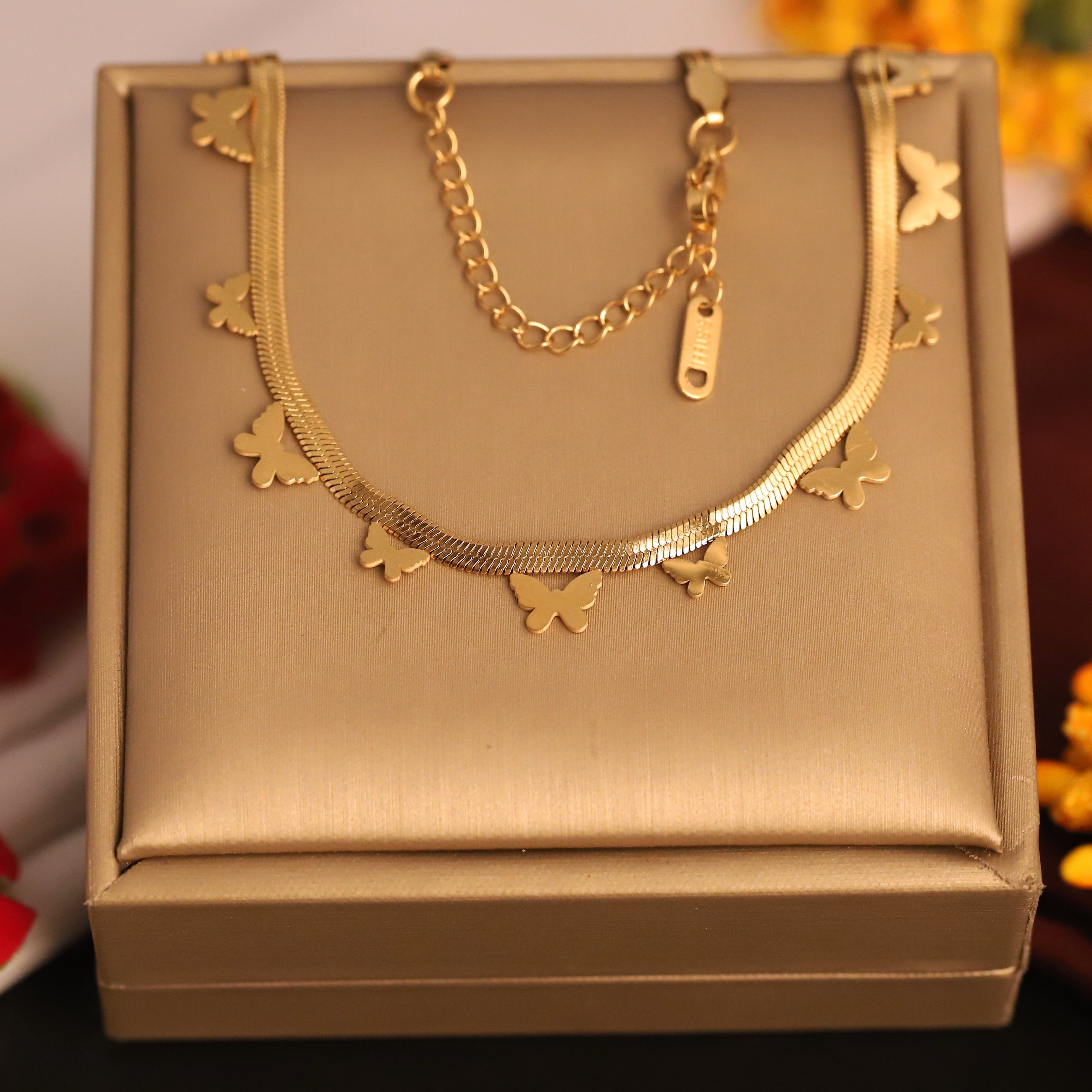 Butterfly Charms White Stones Chain Gold Plated – Single Layer, Anti-Tarnish, Waterproof, Minimalist Style (GOLD)