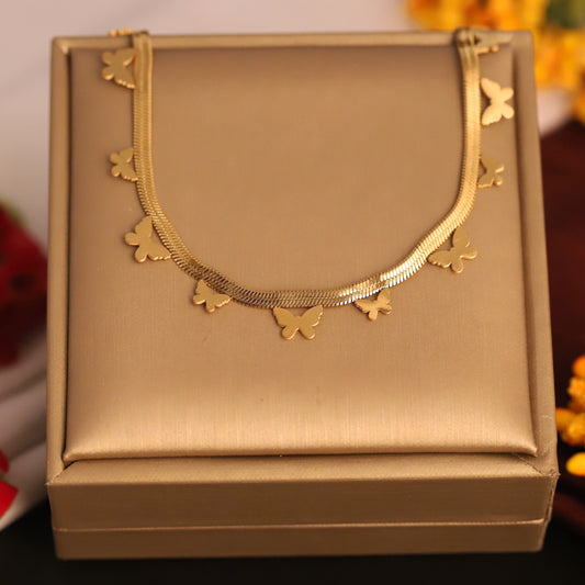 Butterfly Charms White Stones Chain Gold Plated – Single Layer, Anti-Tarnish, Waterproof, Minimalist Style (GOLD)