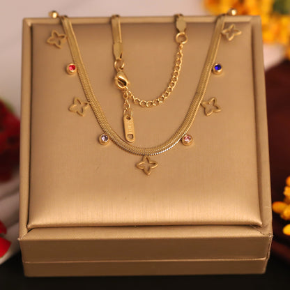 Flower Charms White Stones Chain Gold Plated – Single Layer, Anti-Tarnish, Waterproof, Minimalist Style (GOLD)