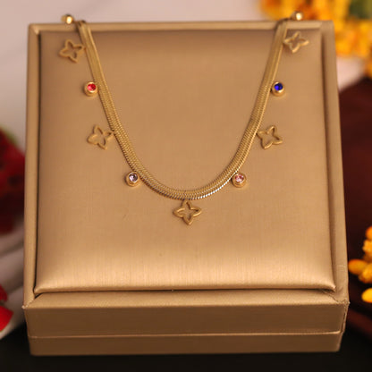 Flower Charms White Stones Chain Gold Plated – Single Layer, Anti-Tarnish, Waterproof, Minimalist Style (GOLD)