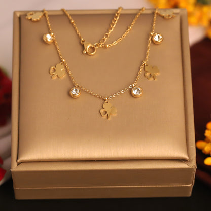 Flower Charms White Stones Chain Gold Plated – Single Layer, Anti-Tarnish, Waterproof, Minimalist Style (GOLD)