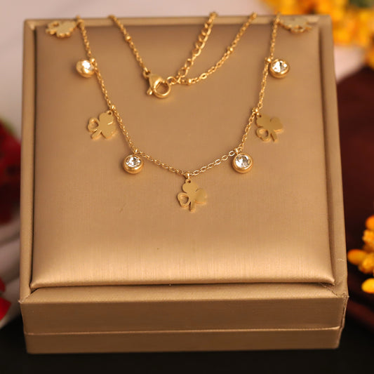 Flower Charms White Stones Chain Gold Plated – Single Layer, Anti-Tarnish, Waterproof, Minimalist Style (GOLD)