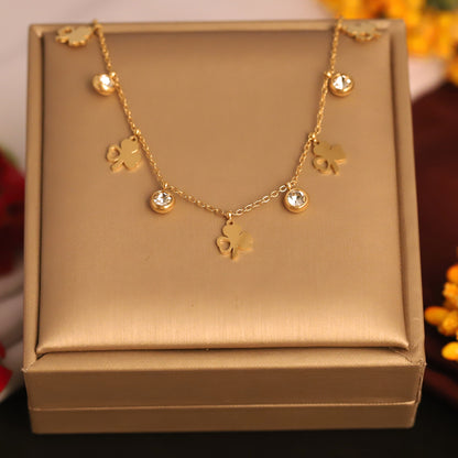 Flower Charms White Stones Chain Gold Plated – Single Layer, Anti-Tarnish, Waterproof, Minimalist Style (GOLD)