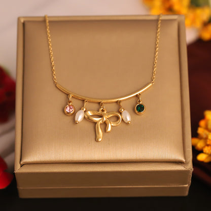 Bow Pearl Charms Chain Gold Plated – Single Layer, Anti-Tarnish, Waterproof, Minimalist Style (GOLD)