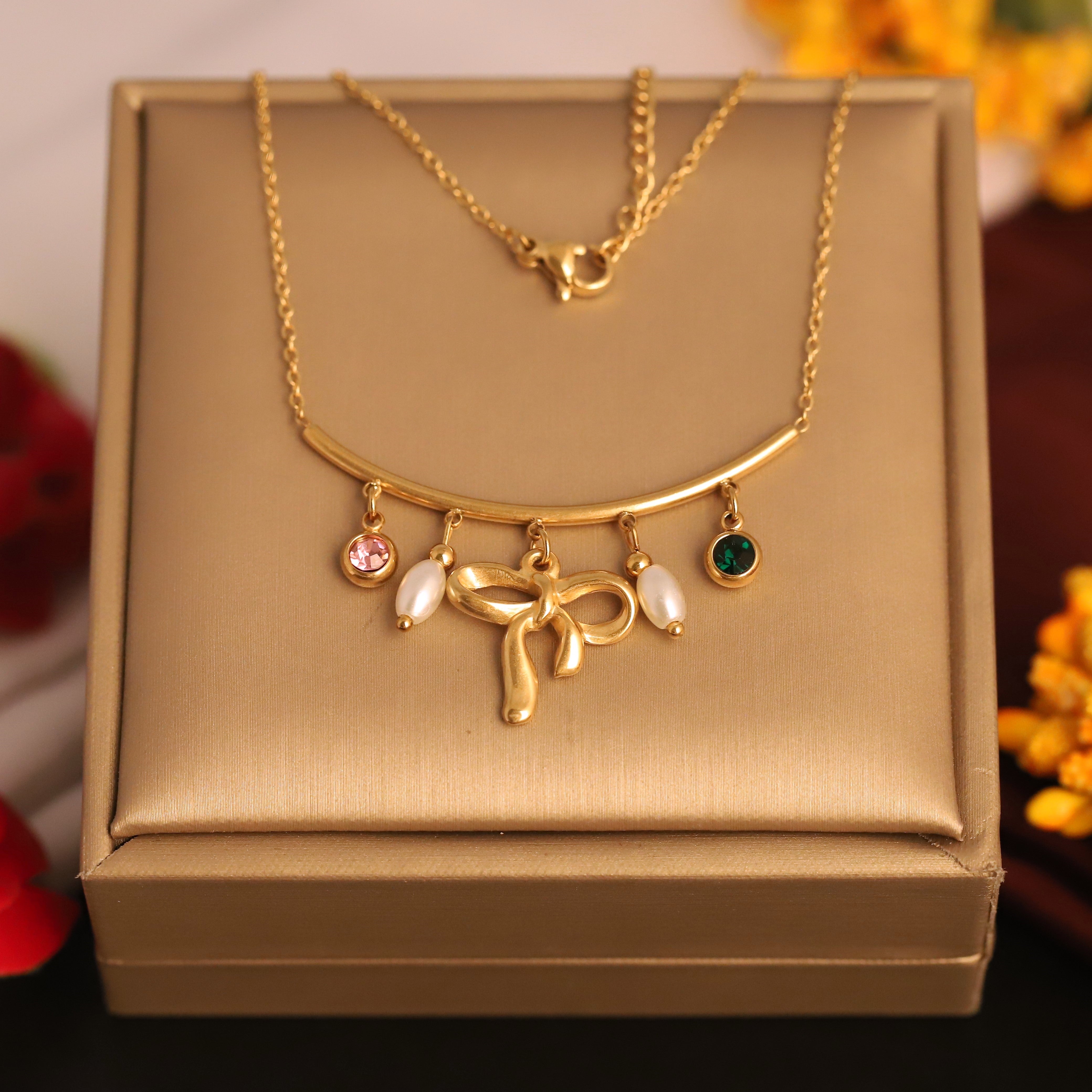 Bow Pearl Charms Chain Gold Plated – Single Layer, Anti-Tarnish, Waterproof, Minimalist Style (GOLD)