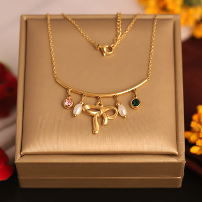 Bow Pearl Charms Chain Gold Plated – Single Layer, Anti-Tarnish, Waterproof, Minimalist Style (GOLD)