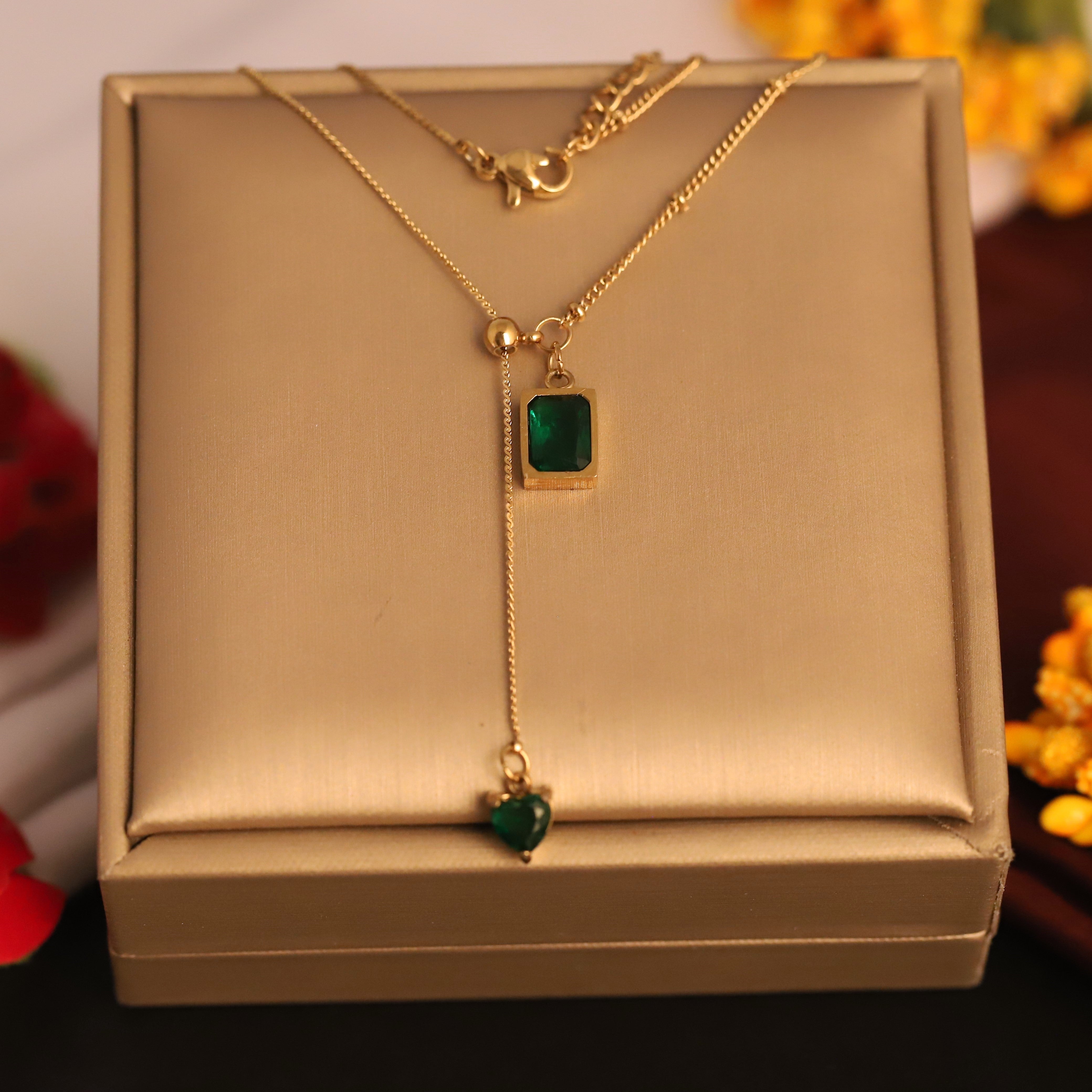 Green Stone Charm Gold Plated – Single Layer, Anti-Tarnish, Waterproof, Minimalist Style (GOLD)