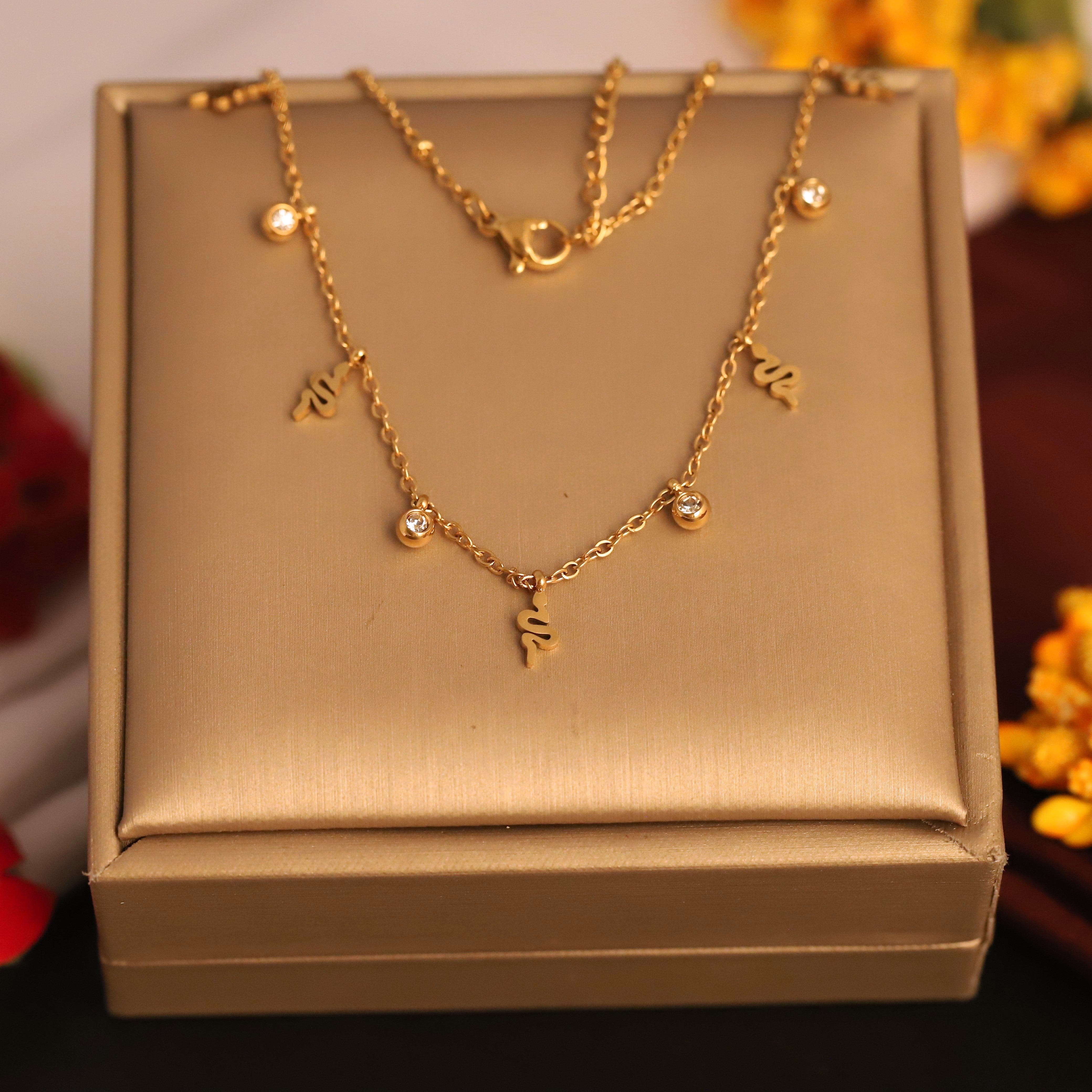 Snake Charms White Stones Chain Gold Plated – Single Layer, Anti-Tarnish, Waterproof, Minimalist Style (GOLD)
