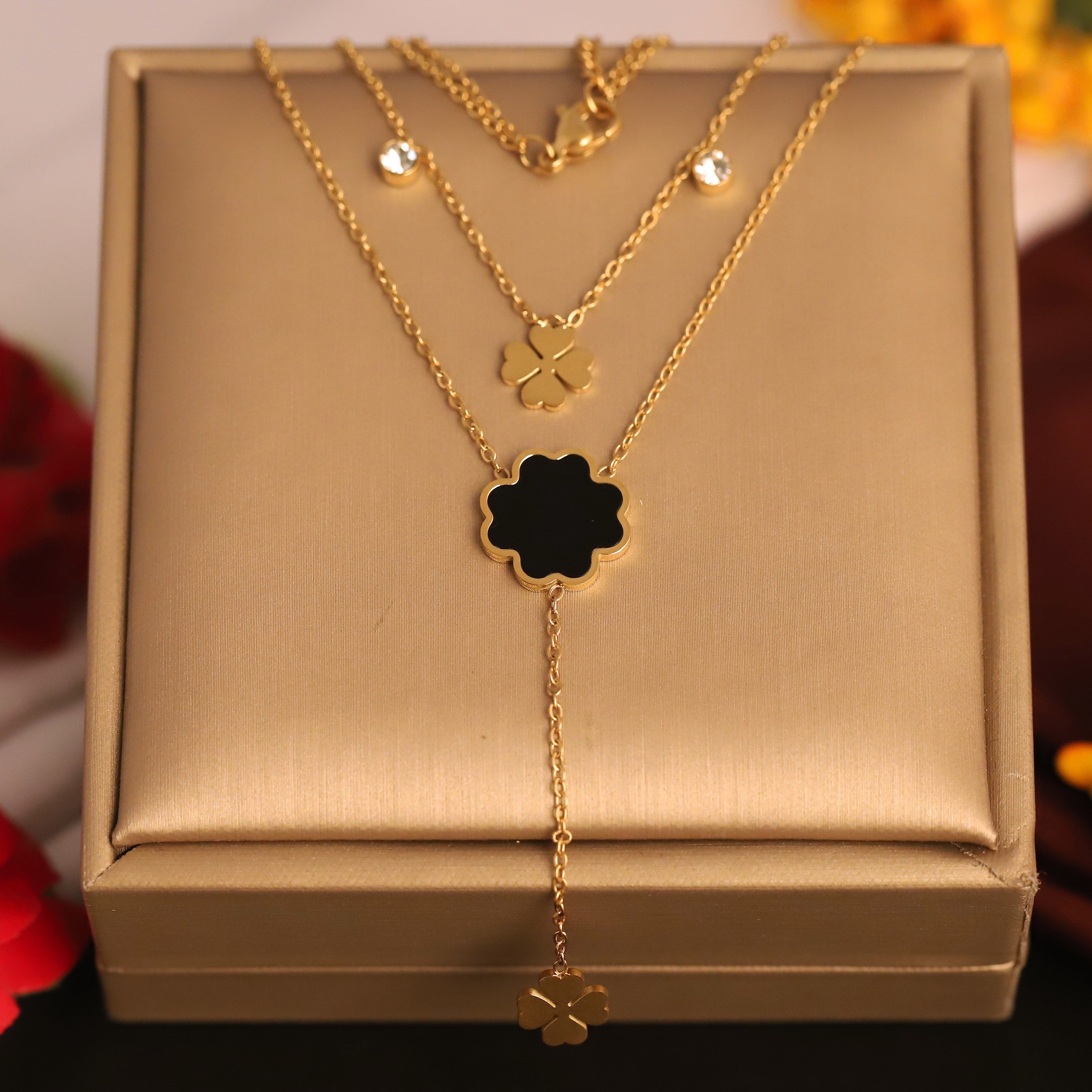 Flower White Stone Chain Gold Plated – Double Layer, Anti-Tarnish, Waterproof, Minimalist Style (GOLD)