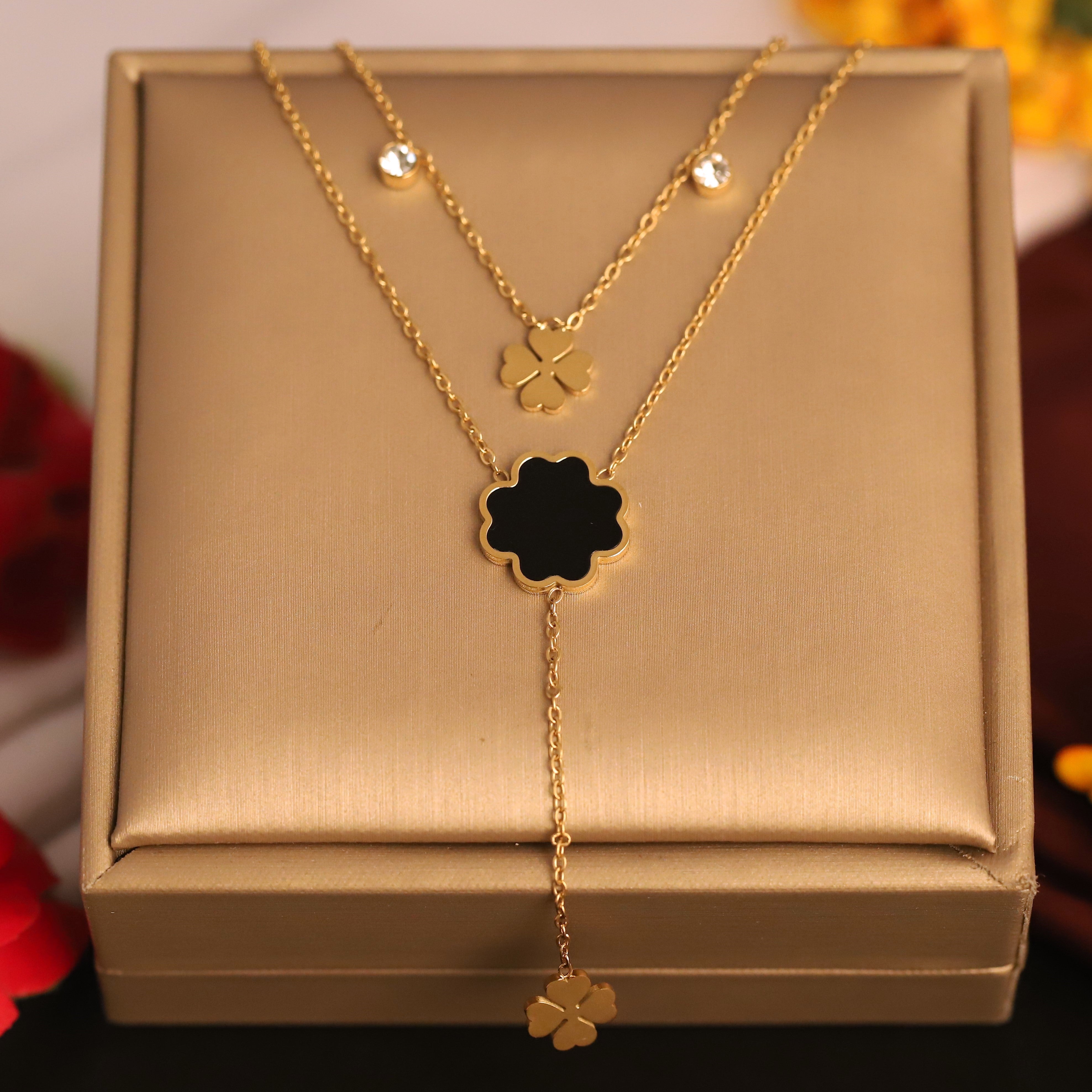 Flower White Stone Chain Gold Plated – Double Layer, Anti-Tarnish, Waterproof, Minimalist Style (GOLD)