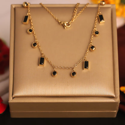 Black Stones Charm Chain Gold Plated – Single Layer, Anti-Tarnish, Waterproof, Minimalist Style (GOLD)