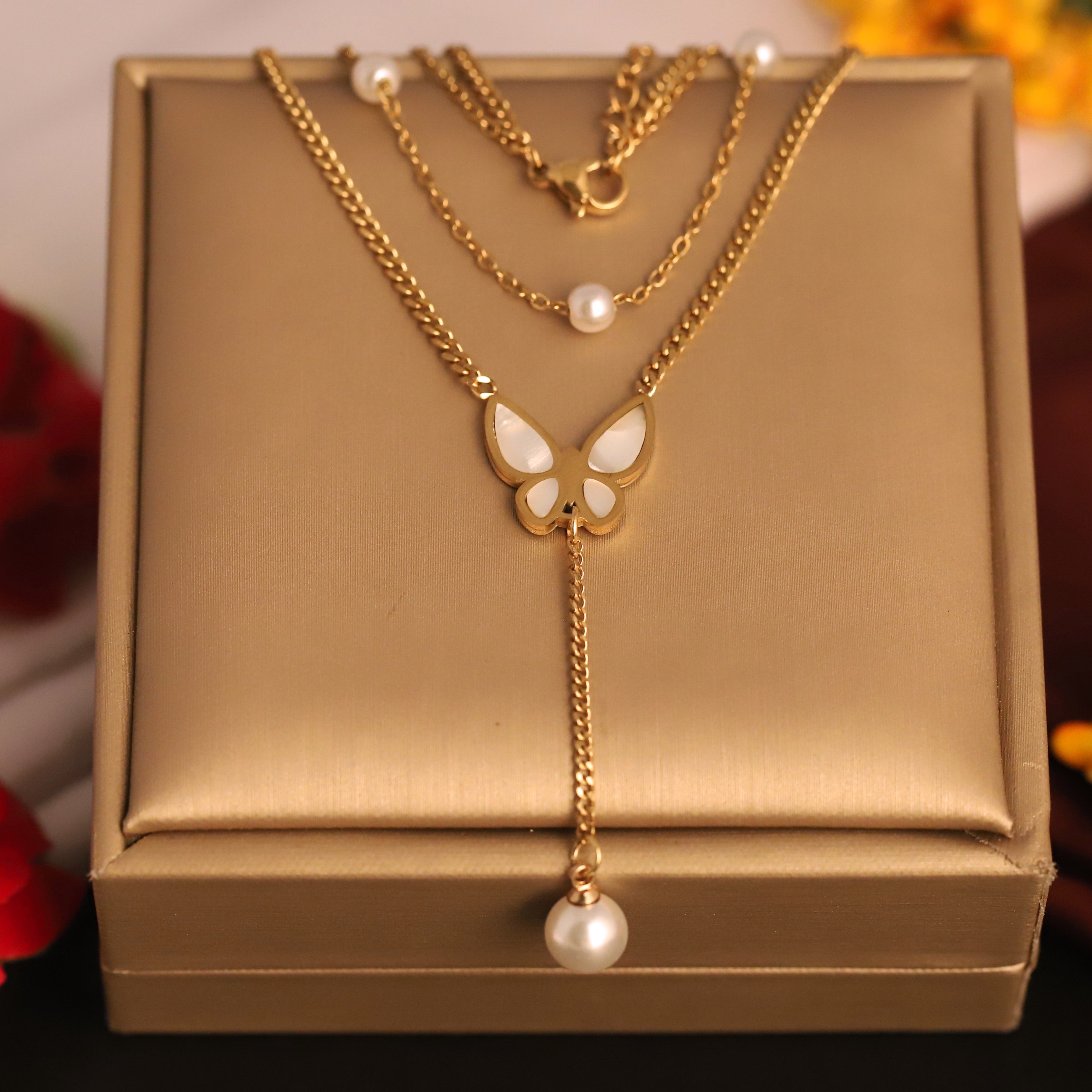 Butterfly Pearl Charms Chain Gold Plated – Double Layer, Anti-Tarnish, Waterproof, Minimalist Style (GOLD)