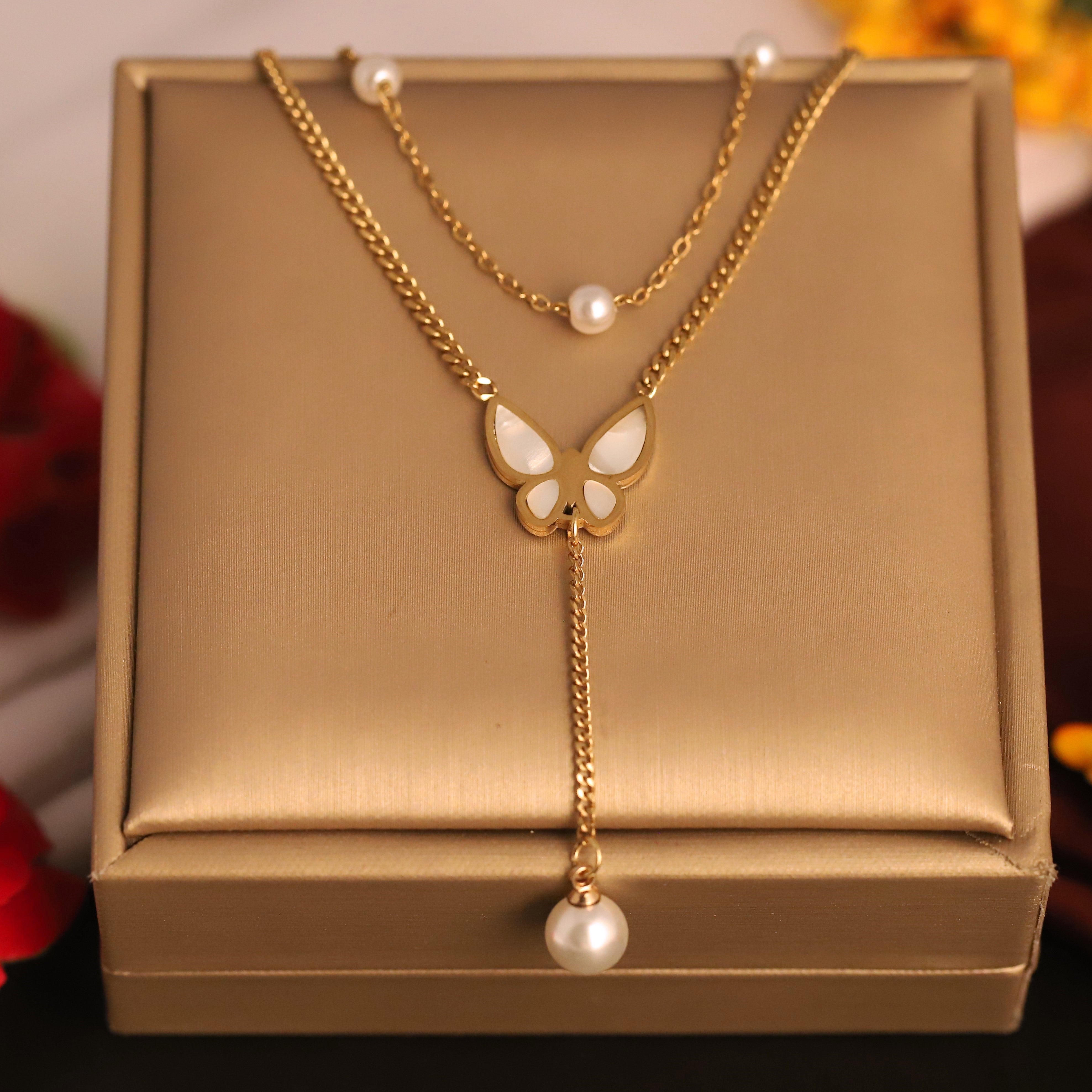 Butterfly Pearl Charms Chain Gold Plated – Double Layer, Anti-Tarnish, Waterproof, Minimalist Style (GOLD)