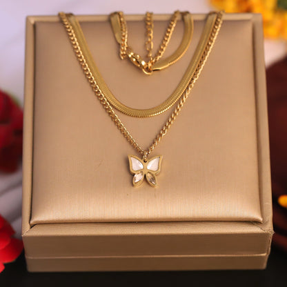 Butterfly Charms Snake Chain Gold Plated – Double Layer, Anti-Tarnish, Waterproof, Minimalist Style (GOLD)