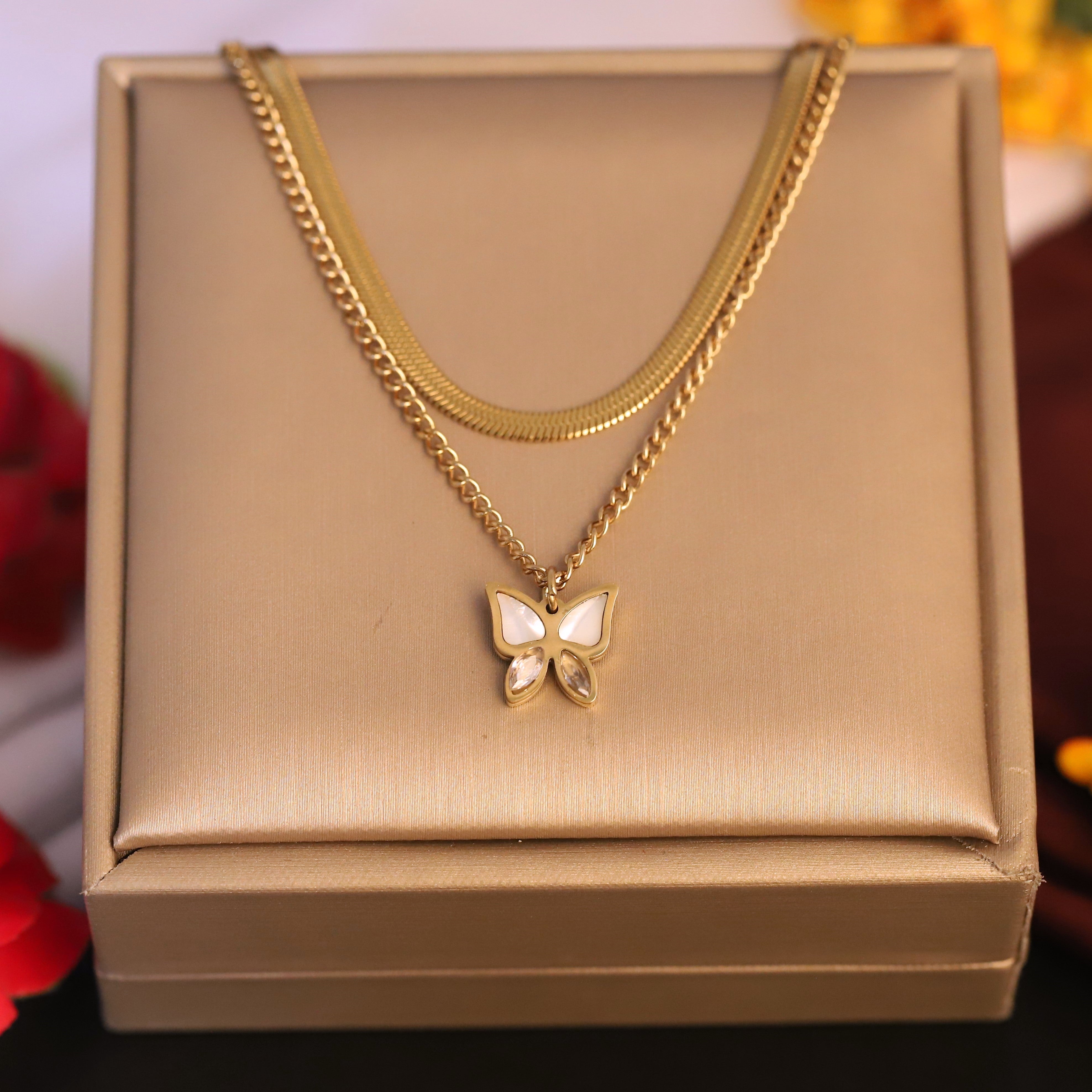 Butterfly Charms Snake Chain Gold Plated – Double Layer, Anti-Tarnish, Waterproof, Minimalist Style (GOLD)
