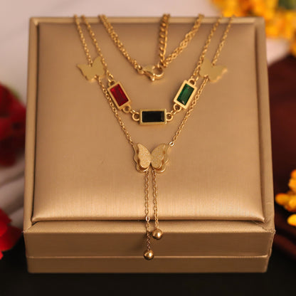 Butterfly Charm Multi Color Stone Chain Gold Plated – Double Layer, Anti-Tarnish, Waterproof, Minimalist Style (GOLD)
