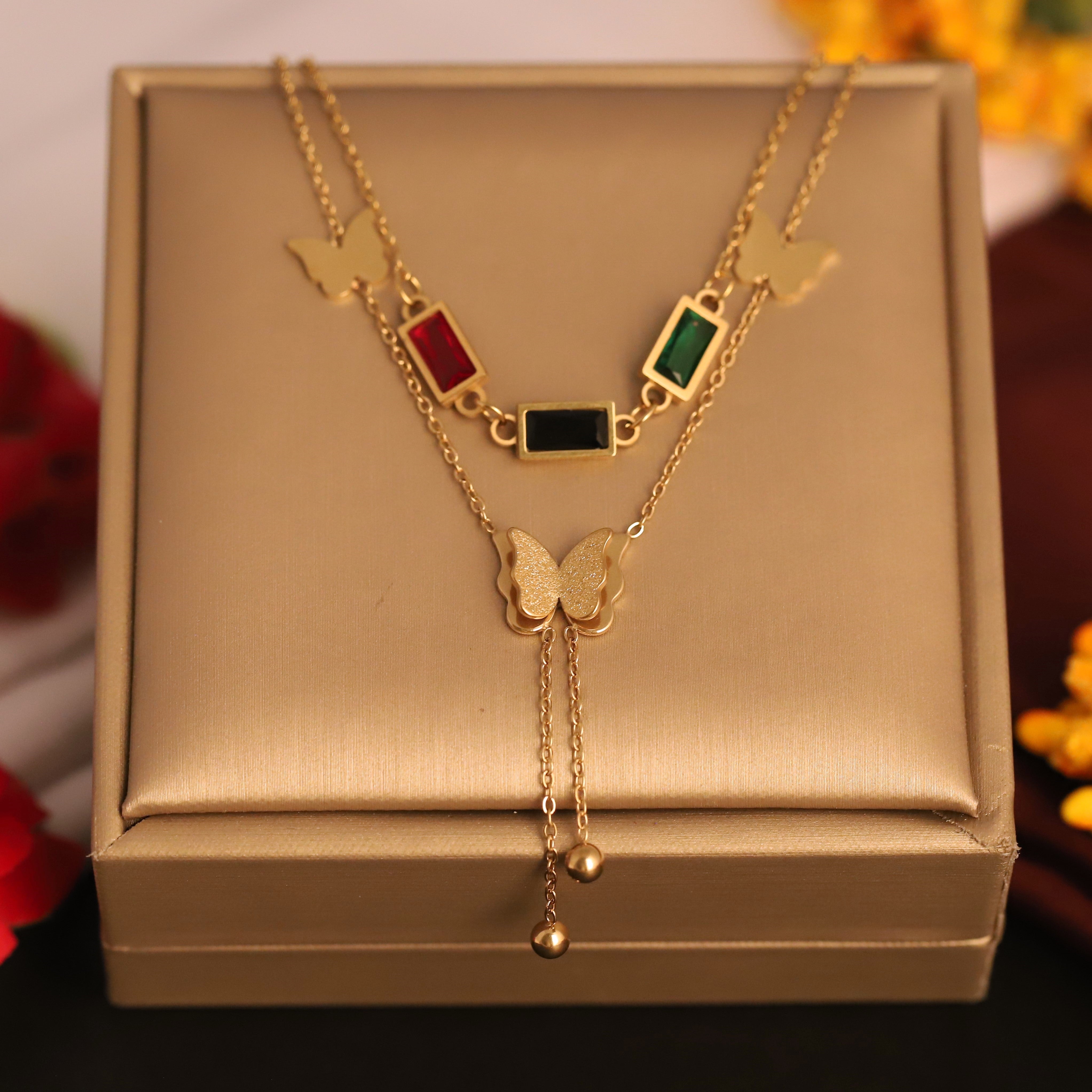 Butterfly Charm Multi Color Stone Chain Gold Plated – Double Layer, Anti-Tarnish, Waterproof, Minimalist Style (GOLD)
