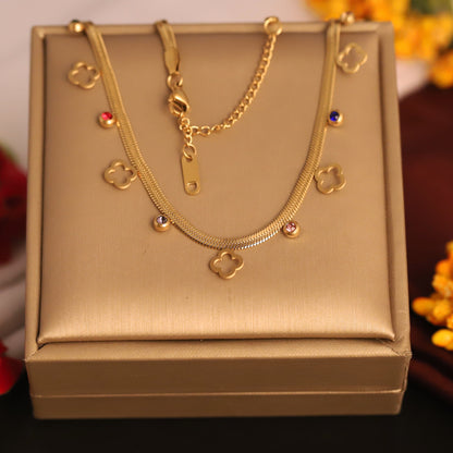 Flower Charms White Stones Chain Gold Plated – Single Layer, Anti-Tarnish, Waterproof, Minimalist Style (GOLD)