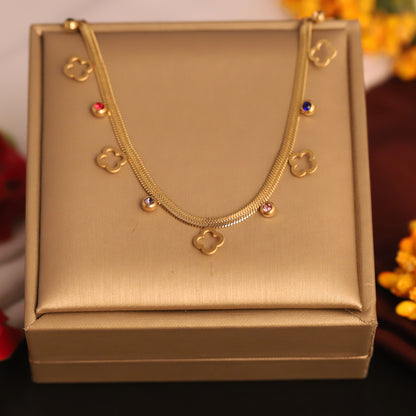 Flower Charms White Stones Chain Gold Plated – Single Layer, Anti-Tarnish, Waterproof, Minimalist Style (GOLD)