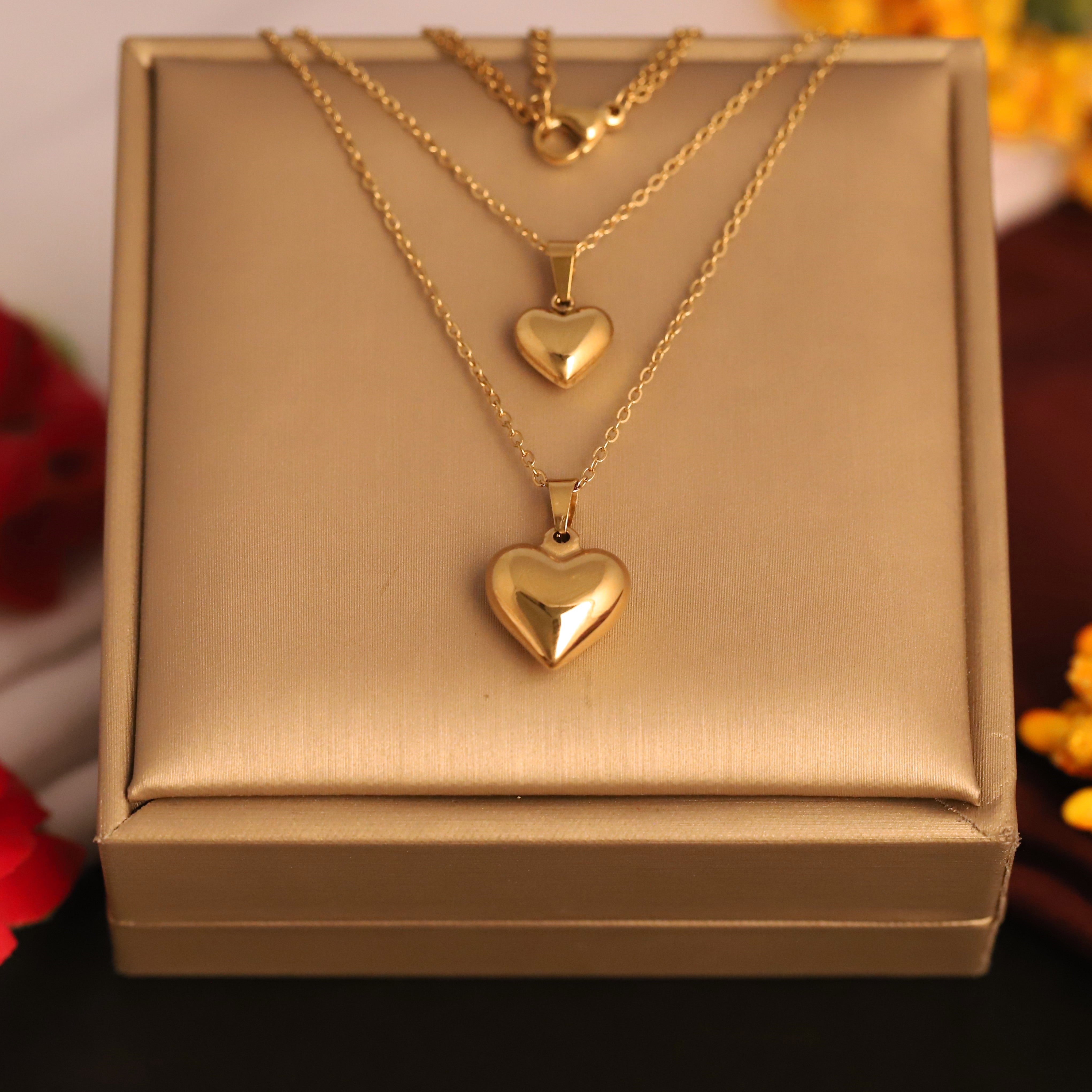 Heart Charms Chain Gold Plated – Double Layer, Anti-Tarnish, Waterproof, Minimalist Style (GOLD)