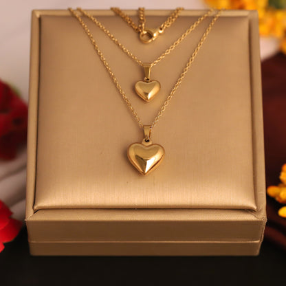 Heart Charms Chain Gold Plated – Double Layer, Anti-Tarnish, Waterproof, Minimalist Style (GOLD)