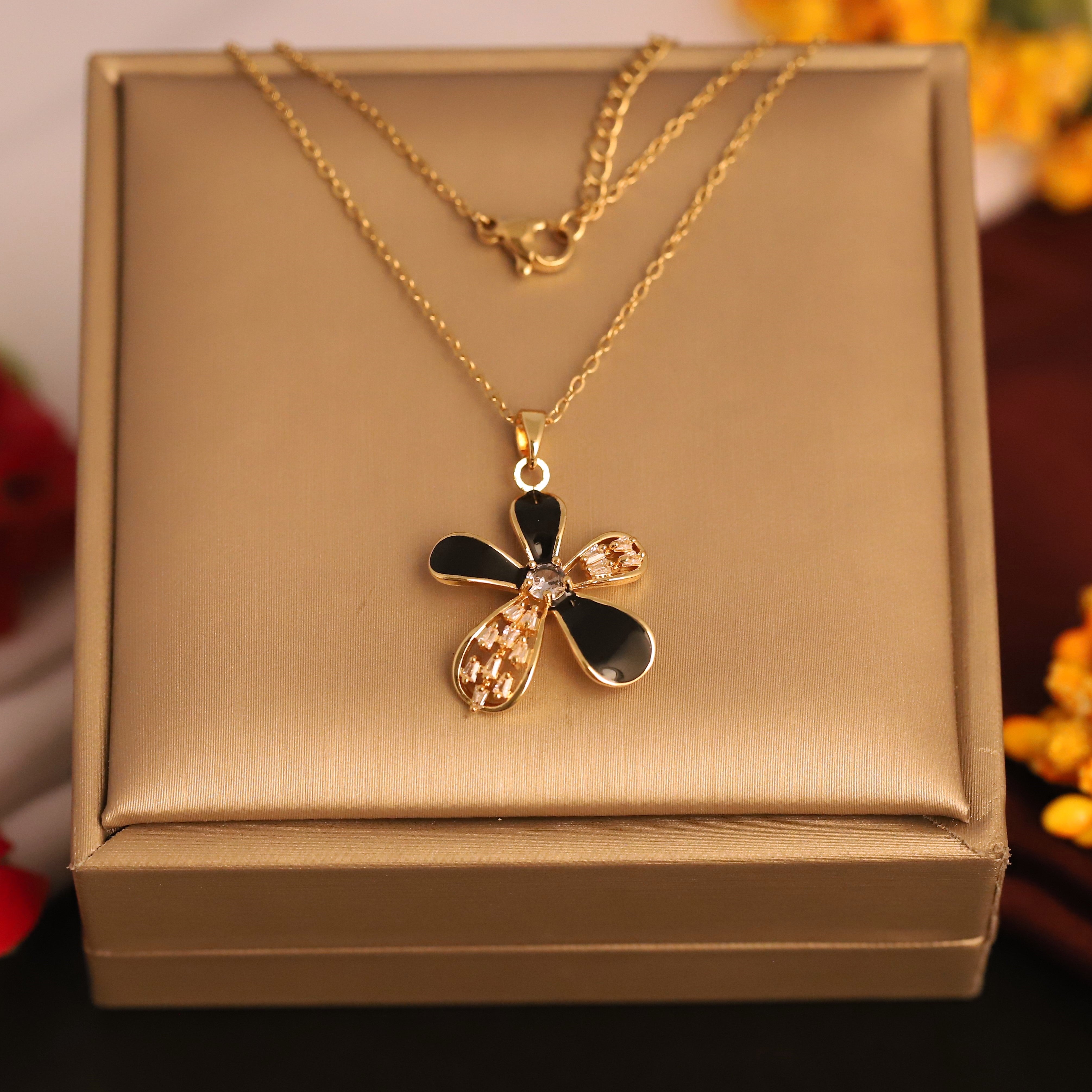 Flower Charm Black Chain Gold Plated – Single Layer, Anti-Tarnish, Waterproof, Minimalist Style (GOLD)