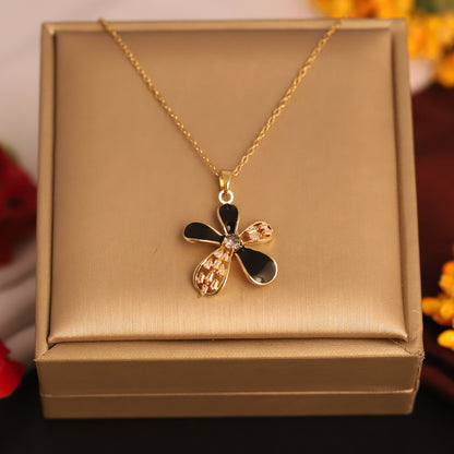 Flower Charm Black Chain Gold Plated – Single Layer, Anti-Tarnish, Waterproof, Minimalist Style (GOLD)