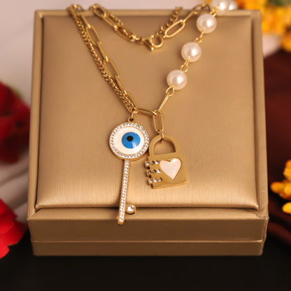 Lock Key Evil Eye Charm Chain Gold Plated – Double Layer, Anti-Tarnish, Waterproof, Minimalist Style (GOLD)