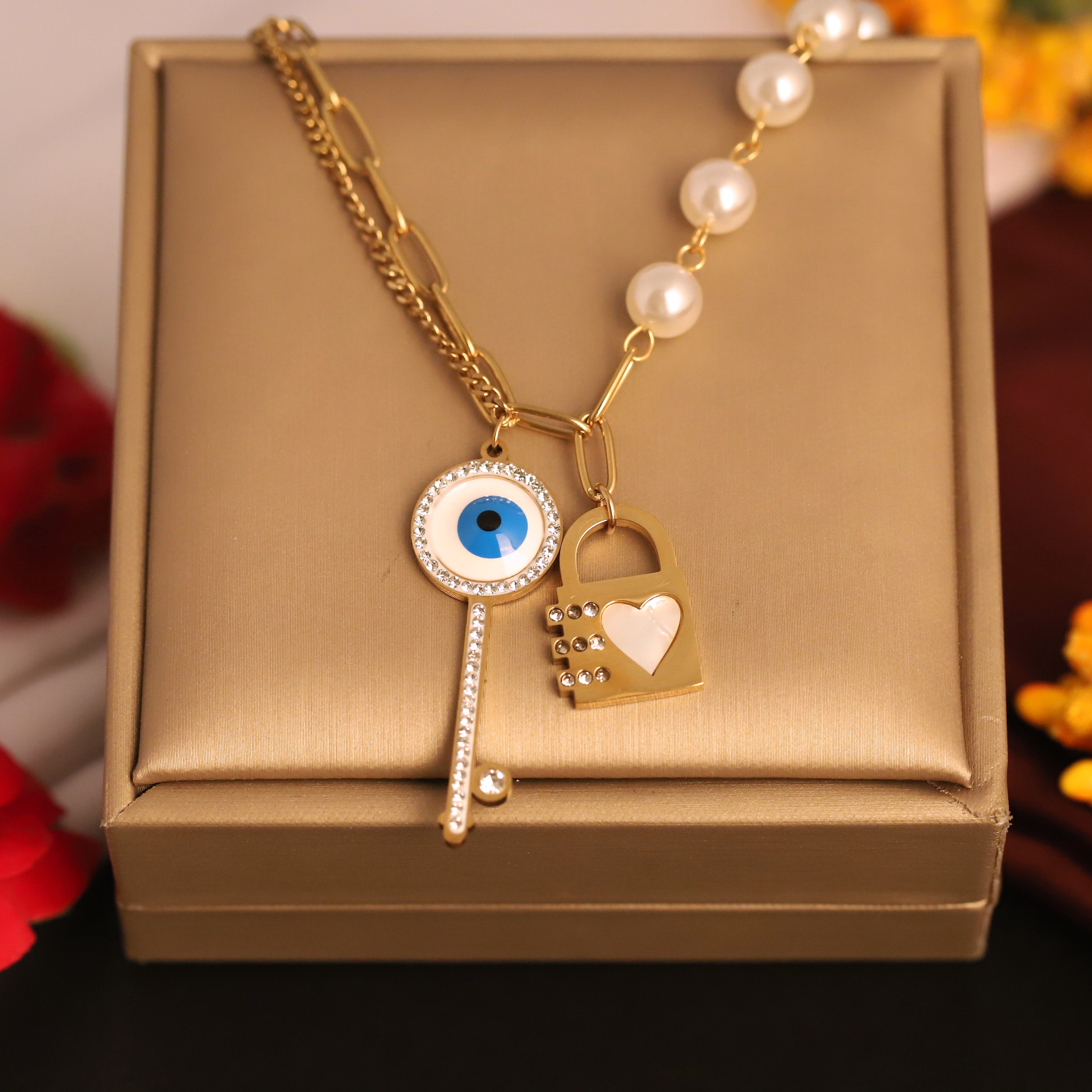 Lock Key Evil Eye Charm Chain Gold Plated – Double Layer, Anti-Tarnish, Waterproof, Minimalist Style (GOLD)
