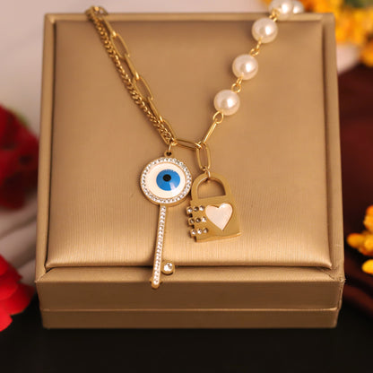 Lock Key Evil Eye Charm Chain Gold Plated – Double Layer, Anti-Tarnish, Waterproof, Minimalist Style (GOLD)